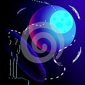 Illustration of abstract psychedelia with futurism elements. Moon, galaxy, couple. photo